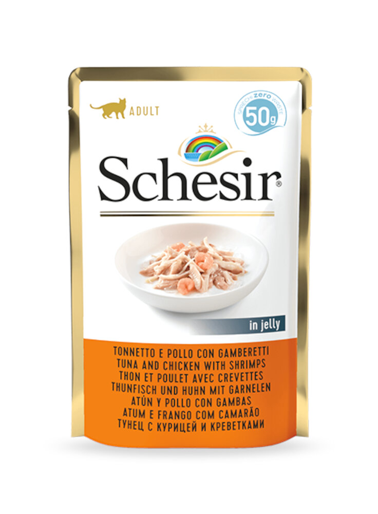 COD.1064764 SCHESIR CAT TONNO POLLO GAMBERETTI 50g Busta