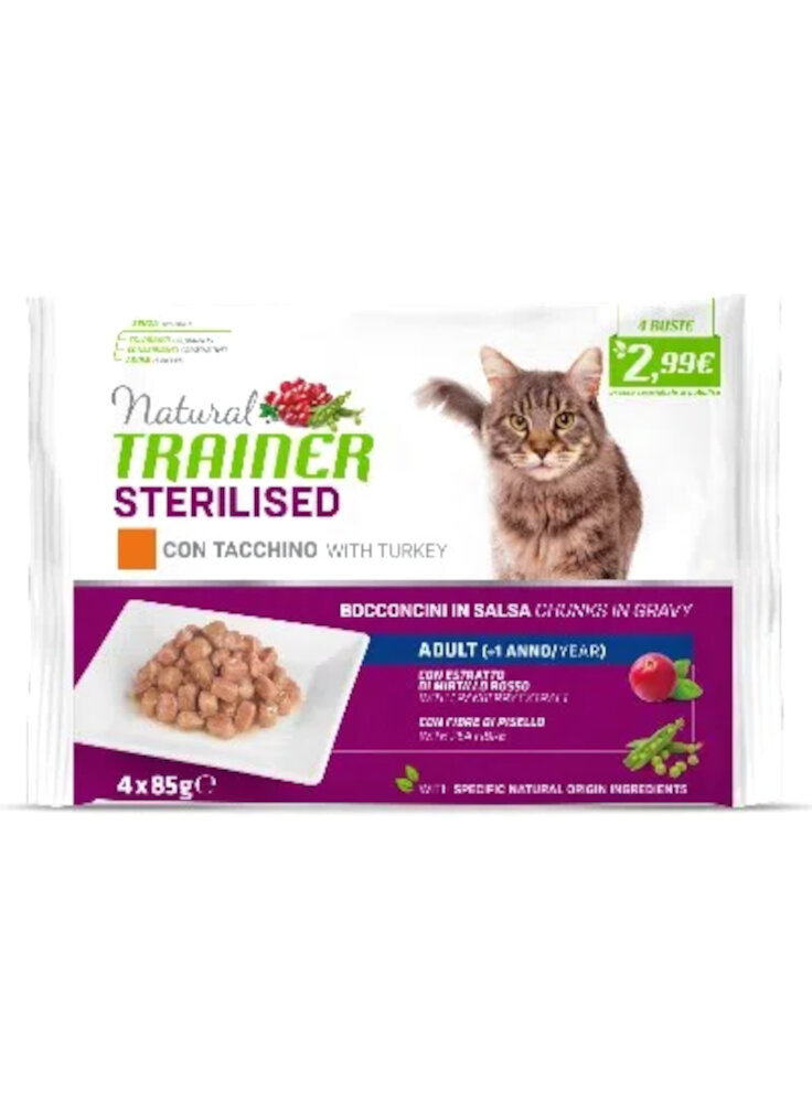 PROMO - TRAINER Natural Cat FLOW PACK 4x 85g STERILISED con TACCHINO