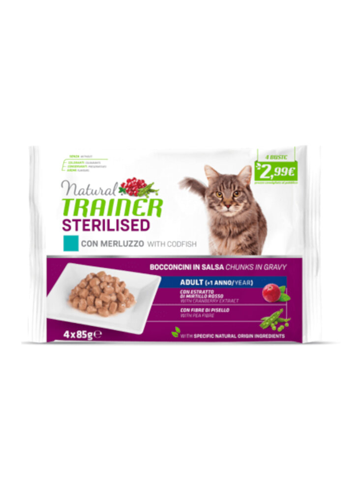 TRAINER NATURAL Cat Flow Pack 4x 85g Sterilised con MERLUZZO